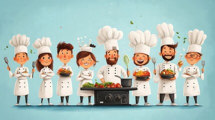 Chef illustrations in professional attire, cartoon-style cooks with utensils, culinary expressions, character poses, food preparation scenes, vibrant design, kitchen art