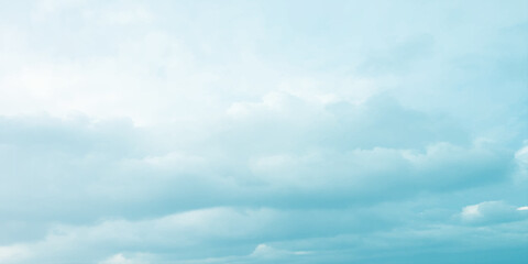 Cloudy blue summer storm  in the sky, watercolor background, horizontal view, beautiful cloudscape, fresh air, nature shining light, sunrise sky, panoramic view, daylight, vast fluffy tiny white sunsh