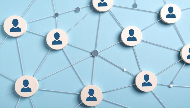 Blue circular nodes with person icons form a web of social connections