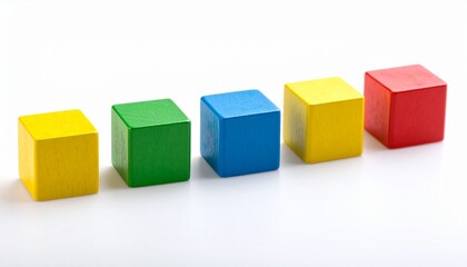 Obraz premium Five colorful wooden cubes aligned in a row on white surface, symbolizing order and diversity