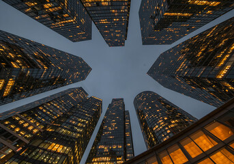 Contemporary glass skyscrapers towering against a twilight sky, captured from a unique worm's-eye architectural perspective