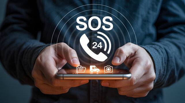 Person uses phone for emergency services showing SOS, 24 hour helpline, ambulance, photos and files