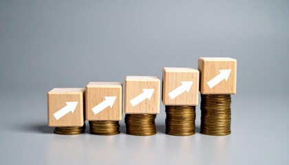 Ascending stacks of coins topped with upward arrows on wooden blocks, symbolizing financial growth and investment progress
