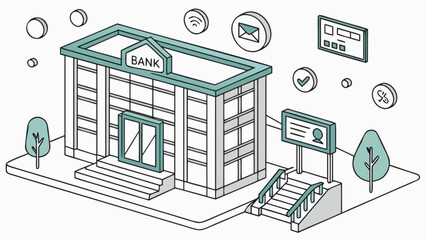 Isometric illustration of a bank building with surrounding icons, representing financial services, banking, and investment opportunities in a modern urban setting