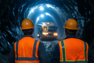 Fototapeta premium Two workers in safety gear stand at the mouth of a tunnel with a work vehicle approaching, highlighting the essence of industrial construction and safety measures.