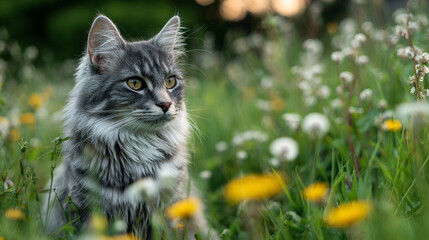 Gray Tabby Cat Portrait in Green Meadow with Dandelion Flowers