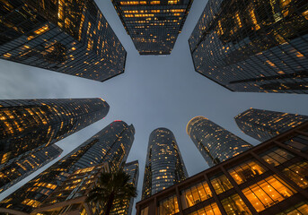 Striking low-angle view of modern illuminated skyscrapers at dusk, showcasing urban