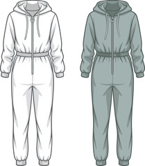 Stylish Hooded Jumpsuits, CAD Drawing, Flat Vector Illustration, Fashion Template, Apparel Mockup, Trendy Garments, Technical Sketch, Clothing Design