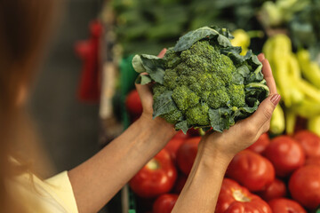Woman's hand choosing fresh broccoli in market. Concept of healthy vegetarian food. Close up of...