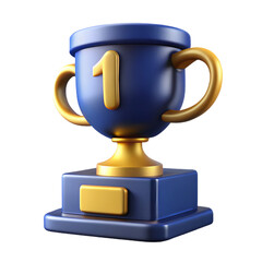 A stylized blue and gold first place trophy with a prominent number one against a black background