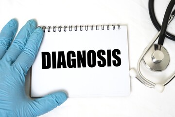 doctor's hand holding a notebook with DIAGNOSIS written on a white background.