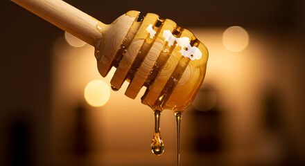 Wooden Honey Dipper with Dripping Golden Honey CloseUp View.