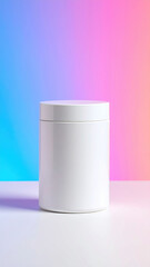 Minimalistic white container on neon gradient background, clean packaging design for e commerce mockup, modern and vibrant mood
