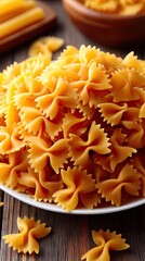 Elegant ravioli pasta beautifully arranged on a white plate against a rustic wooden background with ample copy space for creative text