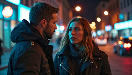 Obraz premium Couple at night looks concerned while standing on city street. Couple at night seems to have a serious talk, she is concerned and he is trying to explain.