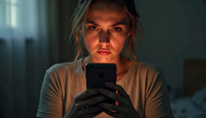 Woman using phone in dark room, illuminated screen showing on focused face. Phone usage at night includes scrolling, texting, or browsing social media, creating unease, addiction or insomnia.