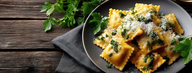 Ravioli pasta garnished with fresh herbs and Parmesan cheese on a gray plate with a napkin on a wooden table