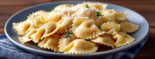 Ravioli pasta garnished with fresh herbs and Parmesan cheese on a gray plate with a napkin on a wooden table