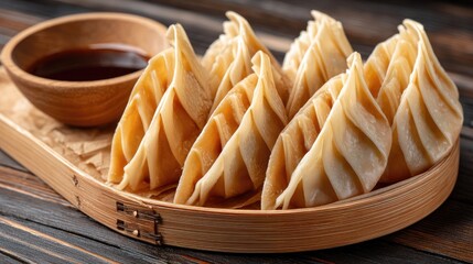 Delicious pierogi dumplings arranged on parchment paper with a wooden bowl of sauce for Chinese New Year celebration