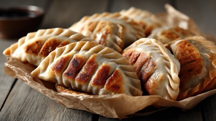 Delicious pierogi dumplings arranged on parchment paper with a wooden bowl of sauce for Chinese New Year celebration