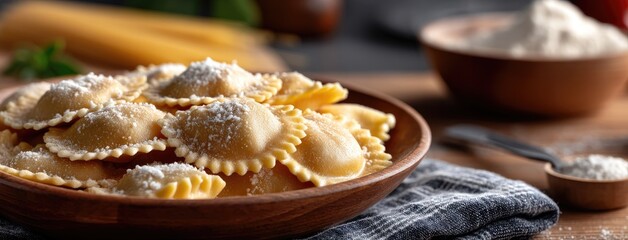 Delicious pierogi dumplings arranged on parchment paper with a wooden bowl of sauce for Chinese New Year celebration