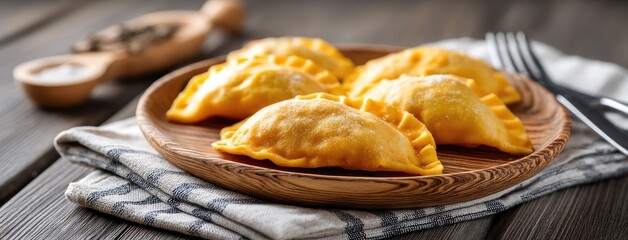 Delicious pierogi dumplings arranged on parchment paper with a wooden bowl of sauce for Chinese New Year celebration