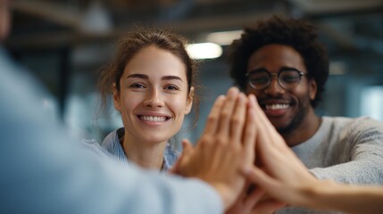 United in Celebration: Close-up shot of hands stacked in a high five gesture showcasing the collective spirit of success in the workplace, capturing the essence of triumph and collaboration.
