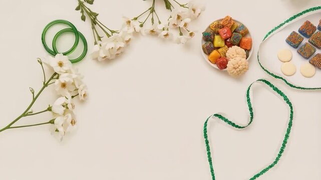 Elegant Flat Lay Featuring Pakistani Sweets, Green Accessories, and Flag-Themed Ribbons for National Day

