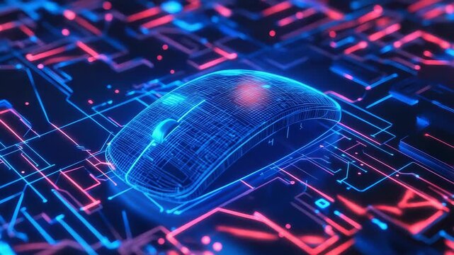 Futuristic holographic mouse hovering over circuit board