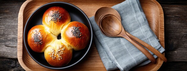 Rustic rye bread loaves with seeds in a wooden bowl on a kitchen table captured in high-resolution detail