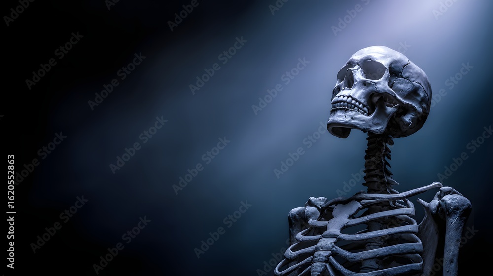 Poster a skeletal figure with a thoughtful expression.