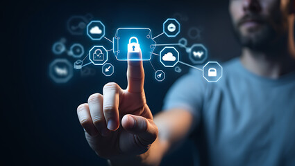 Person touching digital security network with glowing icons technology cybersecurity