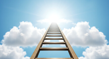 Wooden Ladder Ascending to Bright Sky and Clouds Symbolizing Ambition.