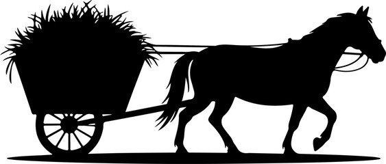 black silhouette vector of a horse pulling a cart filled with hay