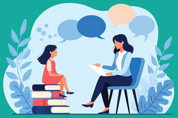 Child psychologist conducting a therapy session with a young girl. Vector illustration.