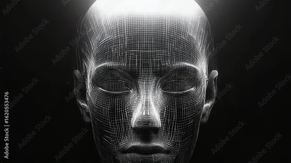 Poster wireframe face emerging from darkness symbolizing artificial intelligence