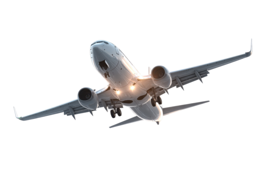 Clear sky aerial photography of landing airplane at airport. Isolated on transparent background, png.