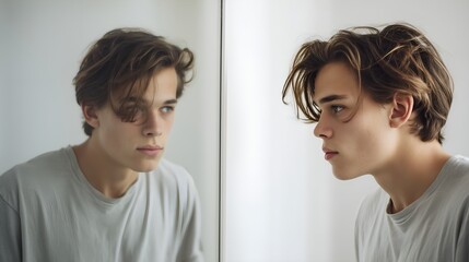 Fototapeta premium Pensive young man gazing at his reflection in the mirror, contemplating the future with a thoughtful expression