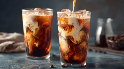 Iced coffee drink with a swirl of creamy milk.