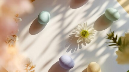 Colorful Handmade Soaps in Pastel Shades with Delicate Daisy Flowers and Soft Shadows, Set Against a Light Background, Ideal for Skincare, Spa, and Natural Beauty Product Themes