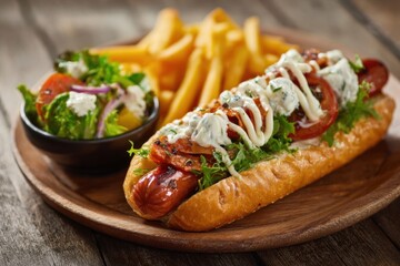 Savoring delicious hot dog with fries and salad cozy restaurant food photography rustic setting close-up view culinary delight