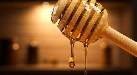 Wooden Honey Dipper with Dripping Golden Honey.