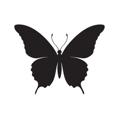 silhouette butterfly flying in mid air on white background