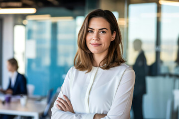 Fototapeta premium Confident woman in white blouse arms crossed