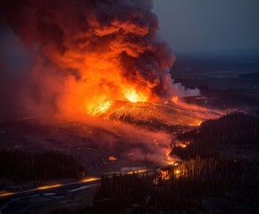 Fototapeta premium Yellowstone Caldera Catastrophic Eruption Simulation, Aerial View of Magma Collapse and Pyroclastic Surge, Geological Disaster Visualization