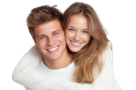 Couple embracing and smiling studio portrait photography joyful mood. Isolated on transparent background, png.