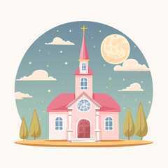 Obraz premium Pink Church with Cross, Moon, Trees, and Clouds in a Peaceful Scene.