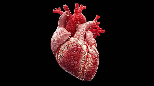 Detailed anatomical rendering of a human heart showcasing its structure against a black background