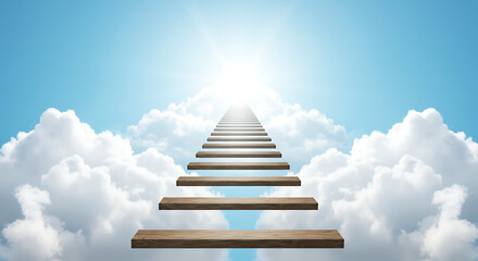 Wooden Staircase Ascending to Heaven Bright Light Above Clouds.