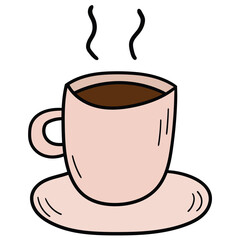 Hand-drawn cartoon cup of coffee with steam on a saucer on a white background.
